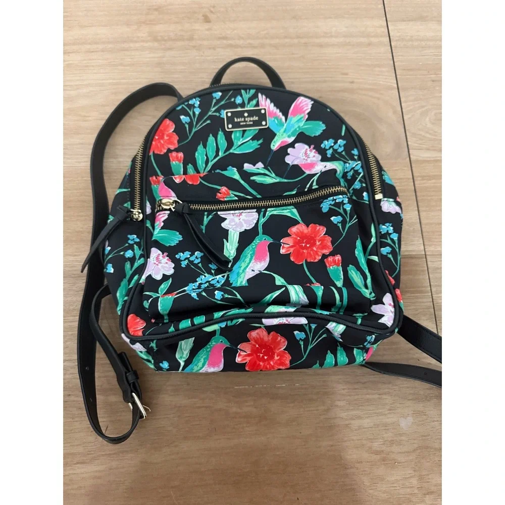 Kate Spade Chelsea Hummingbird Floral Black Nylon Backpack Bag
